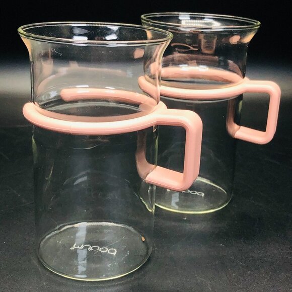 BODUM Coffee Cup PAIR Vintage French Bistro Clear Glass Mugs 70s Pink Handles - Picture 8 of 12